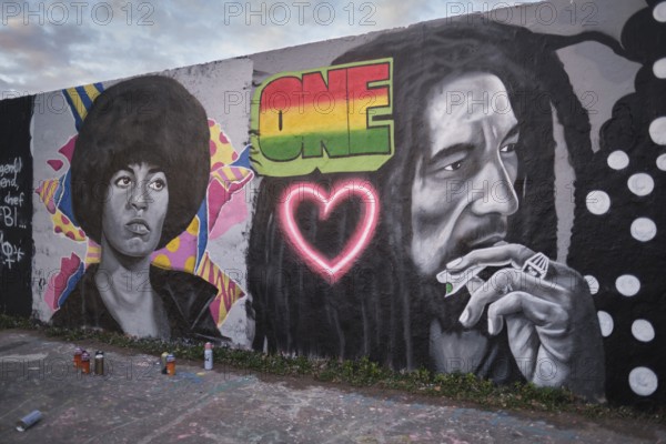 Germany, Berlin, 06. 06. 2020, Mauerpark, GraffitiWall, portrait Bob Marley, Portrait Angela Davis,
