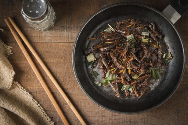 Fried grasshopper with pandan Season with salt, pepper and soy sauce. on old wooden table