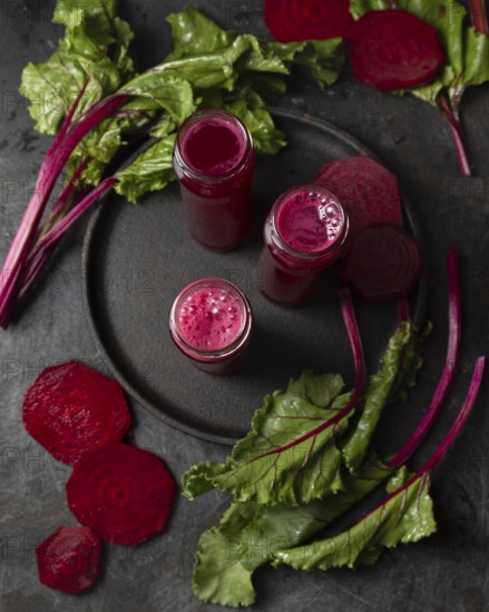 Top view beet juice bottles. Beautiful photo