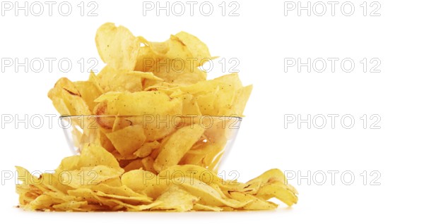 Composition with bowl of potato chips isolated on white