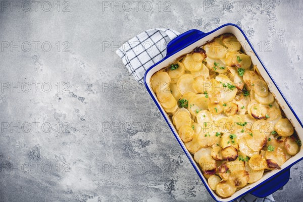 Potato casserole with onions and eggs. Vegetarian meal
