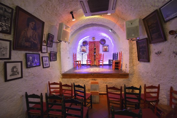 Stage in a former cave home, Los Tarantos flamenco club, Sacromonte, Granada, Granada province,
