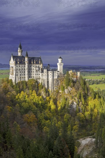 Neuschwanstein Castle seen from Marienbrücke in autumn, fall, 19th-century Romanesque Revival