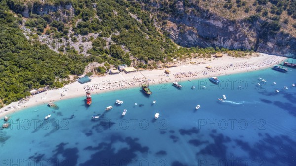 Aerial drone view of the paradise beach of Kroreza or Krorez on the Albanian riviera in Sarande,