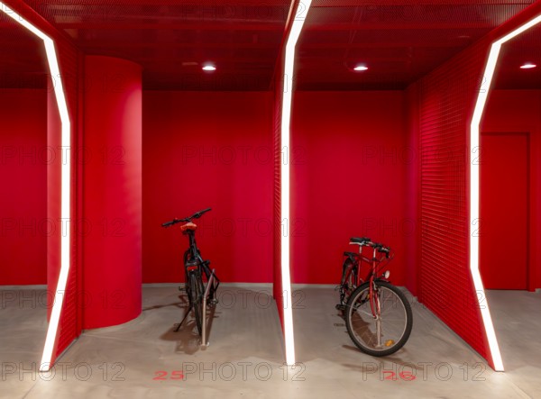 Underground car park for bicycles, redesigned Potsdamer Platz station, Sony Center, Berlin,
