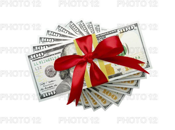 Overhead of one hundred thousand dollars spiralling stacks of one hundred dollar with red bow bills