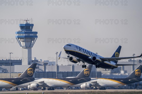 Ryanair Boeing 737 on take-off, air cargo centre, air traffic control tower, Cologne-Bonn Airport,