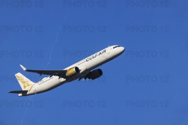 Aircraft climbing at the take-off at Fraport Airport. Aircraft registration: A9C-NH, Airbus A321,