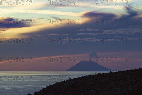 Sunset over Stromboli Volcano from Nicotera, Mount Stromboli, Tyrrhenian Sea, Stromboli, Italy,