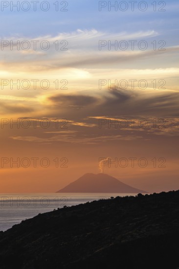 Sunset over Stromboli Volcano from Nicotera, Mount Stromboli, Tyrrhenian Sea, Stromboli, Italy,