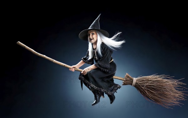 An old witch rides on a brushwood broom, symbolic image myth, fairy tale, legend, fantasy,