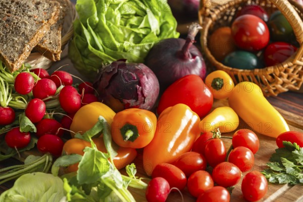 Colourful fresh vegetables, including peppers, tomatoes and radishes, surrounded by bread and