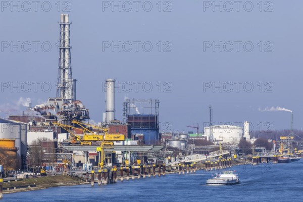 BASF plant, production building and smoking chimneys. Ludwigshafen on the Rhine,