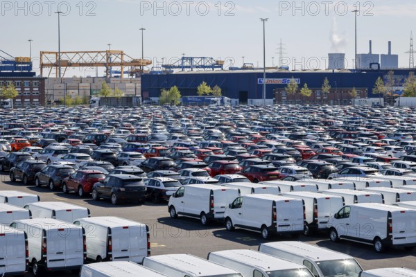 Duisburg, North Rhine-Westphalia, Germany - New cars and vans, car terminal in Duisburg harbour,