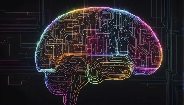 Abstract digital brain made of interconnected lines and glowing circuits in neon colors,