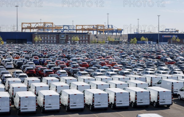 Duisburg, North Rhine-Westphalia, Germany - New cars and vans, car terminal in Duisburg harbour,