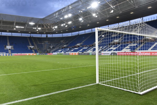 Indoor, Pitch, Tor tor, Opposite stand, empty, Floodlight, blue hour, Europa League, PreZero Arena,