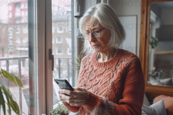 An elderly woman stands at the window in her living room and looks worried, frightened, unsettled