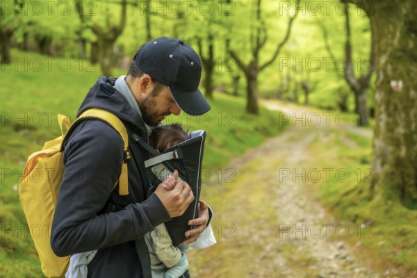 A young father with a yellow backpack walking with the newborn child in the backpack on a path in