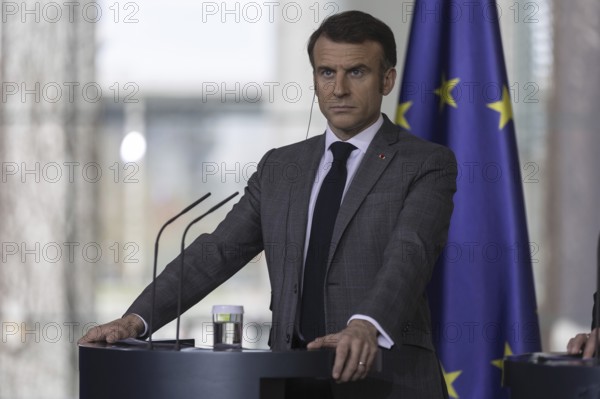 Emmanuel Macron, President of France, recorded during a press conference at the Federal Chancellery