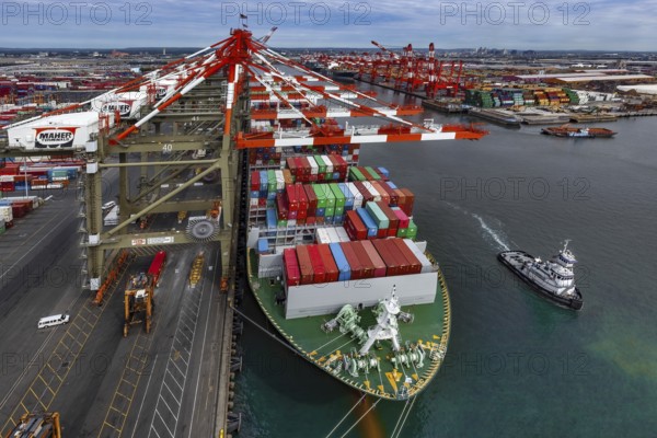 Super Post Panamax Container Ship Loading, Aerial image, Port of Elizabeth, Newark, New Jersey,