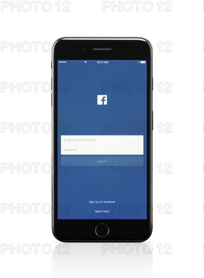 Apple iPhone 7 Plus with Facebook login screen on its display isolated on white background with