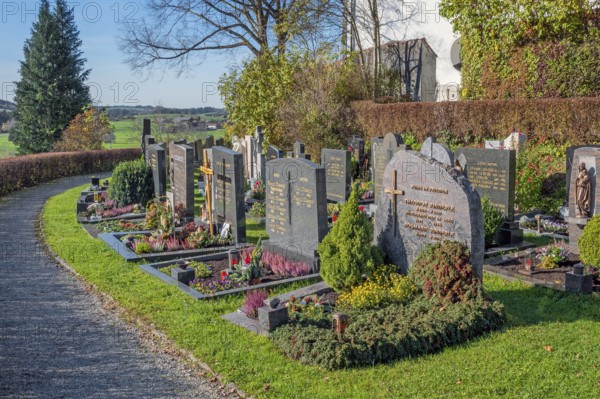 Cemetery near the rococo church of St Ulrich, Seeg, Allgäu, Bavaria, Germany, Europe