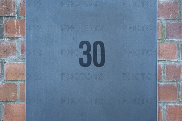 House number plate, number 30, digit, anniversary, birthday, North Rhine-Westphalia, Germany,