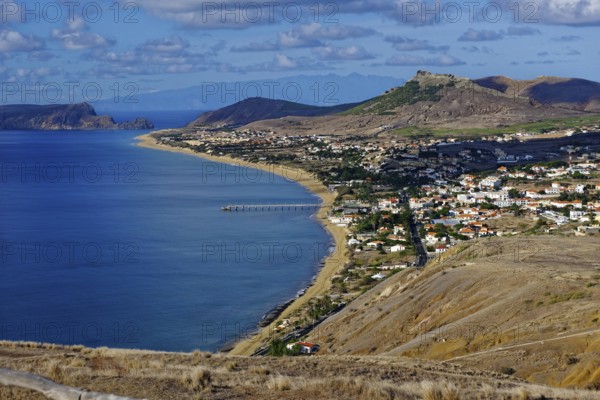 View from the viewpoint, Vila Baleira village, Miradouro Portella 162 m, sandy beach, Madeira