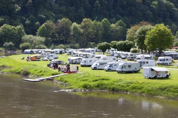 Campsite at Bad Karlshafen, Upper Weser Valley, Weser Uplands, Weserbergland, Hesse, Germany,