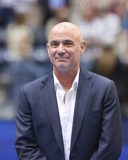 Tennis legend Andre Agassi during the Men's Singles trophy presentation at the US Open 2024