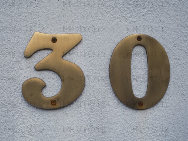 House number plate, number 30, digit, anniversary, birthday, North Rhine-Westphalia, Germany,
