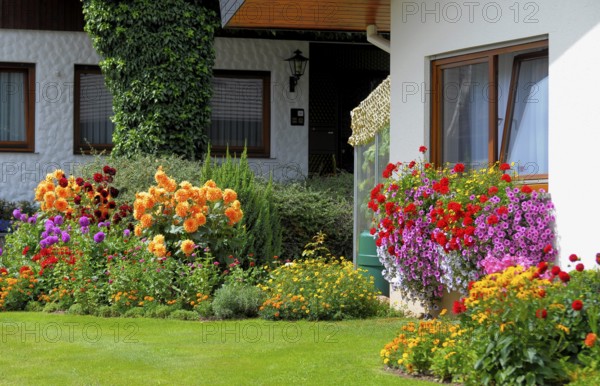 Baden-Württemberg, Black Forest house with flower garden in summer, different summer flowers in the