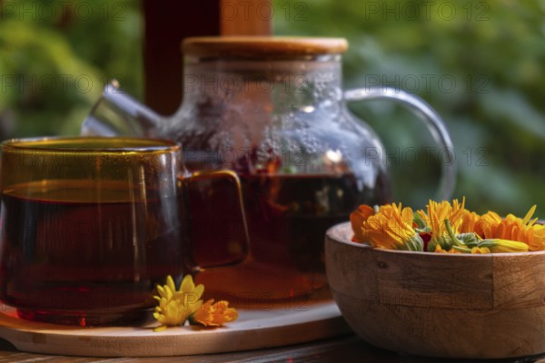 Calendula flower healthy tea in glass mug with tea pot on garden table. Herbal medicine Delicious