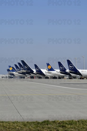Various Lufthansa aircraft at check-in position in front of satellite, Terminal 2, Munich Airport,