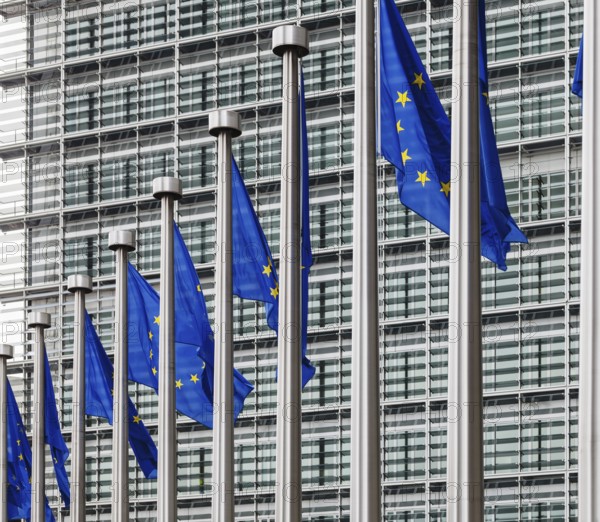 Flags of European Union in front of European Commission building in Brussels, Belgium, Belgium,