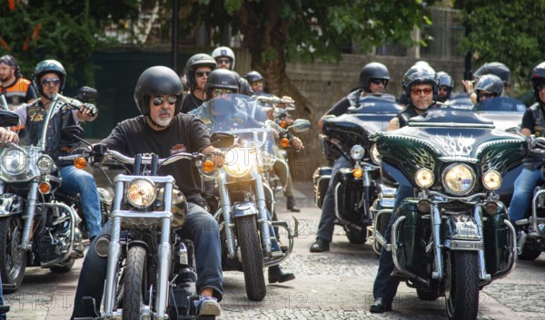 Nicosia, Cyprus, September 2018: Group of Harley Davidson bikers riding there classic bikes in
