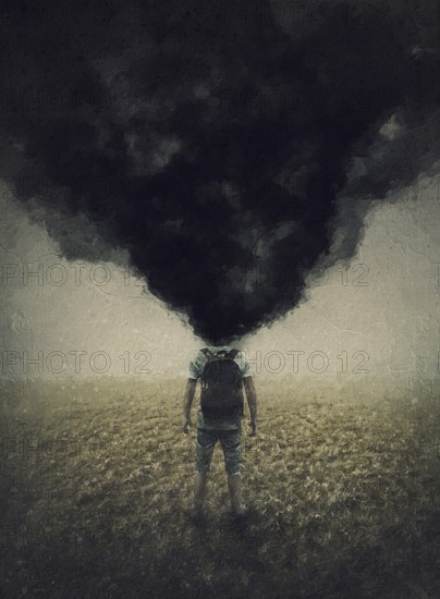 Surreal painting of a depressed person with exploded and fuming head. Man shattering black smoke