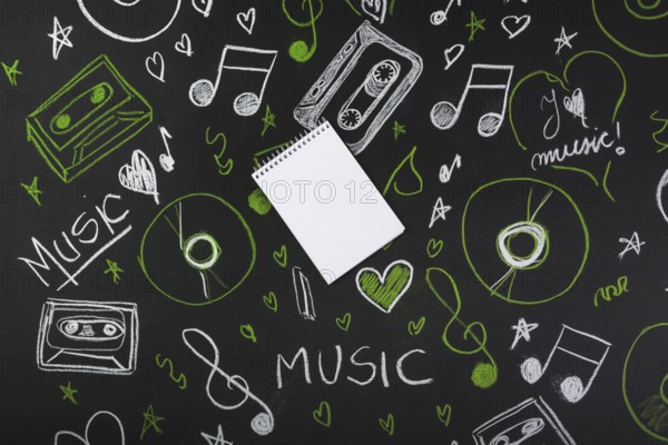Spiral blank notepad blackboard with drawn musical notes cassette tapes compact discs. Resolution