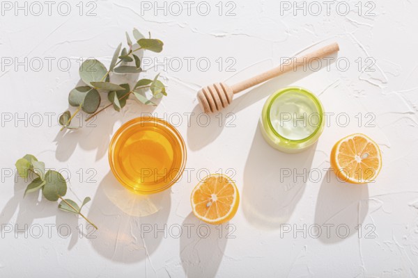 Natural organic ingredients for making cosmetic cream: avocado, honey, lemon and eucalyptus on