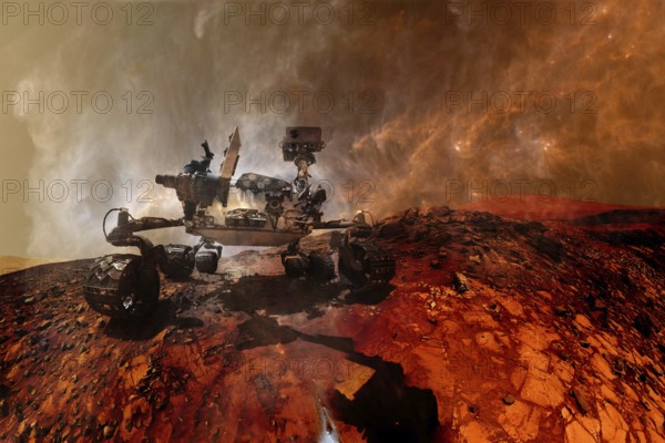 Curiosity rover exploring the surface of Mars. Science fiction wallpaper. Elements of this image