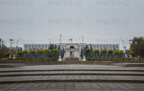 View from the square of the Triumphal Arch in front of the government building, Chisinau, Moldova.