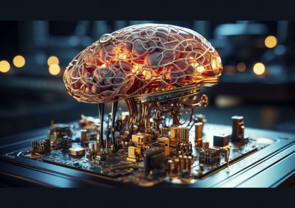 Symbol photo for artificial intelligence, a brain is wired on a computer board, AI generated