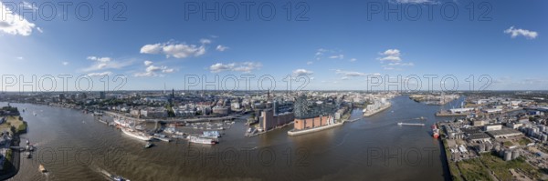 Large panorama, aerial photo, drone photo, Elbe, skyline harbour with museum ships, container