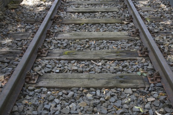 Rails with old wooden sleepers as part of the Gleis 17 memorial site, former Grunewald goods