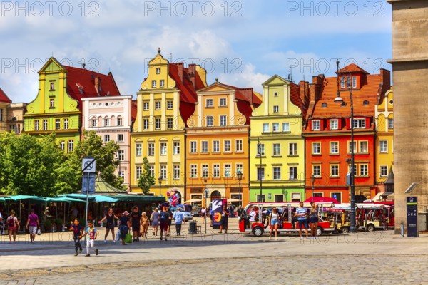 Wroclaw, Poland, June 21, 2019: View of Old town Salt Square colorful houses, flower stalls and