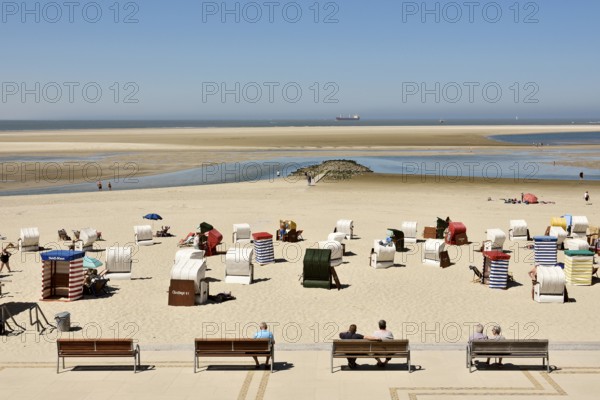 Promenade view of beach and North Sea, Borkum, East Frisian Island, East Frisia, Lower Saxony,