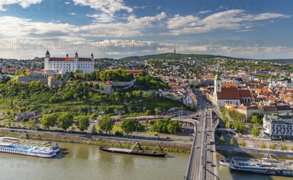 A picture of the landmarks of Bratislava: St. Martin's Cathedral, the Bratislava Castle and the