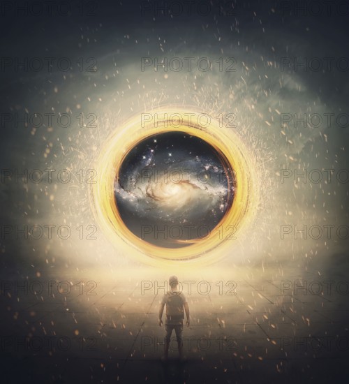 Surreal portal for teleportation as an abstract glowing circular twirl with spinning sparks.