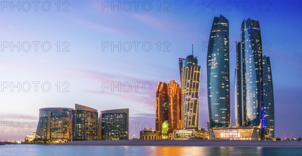 ABU DHABI, UNITED ARAB EMIRATES - FEB 10, 2019: Etihad Towers in Abu Dhabi, United Arab Emirates